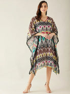 The Kaftan Company Kaftan Multicolour Ikat Print Georgette Beach Kaftan with Black Pom-Pom Trim