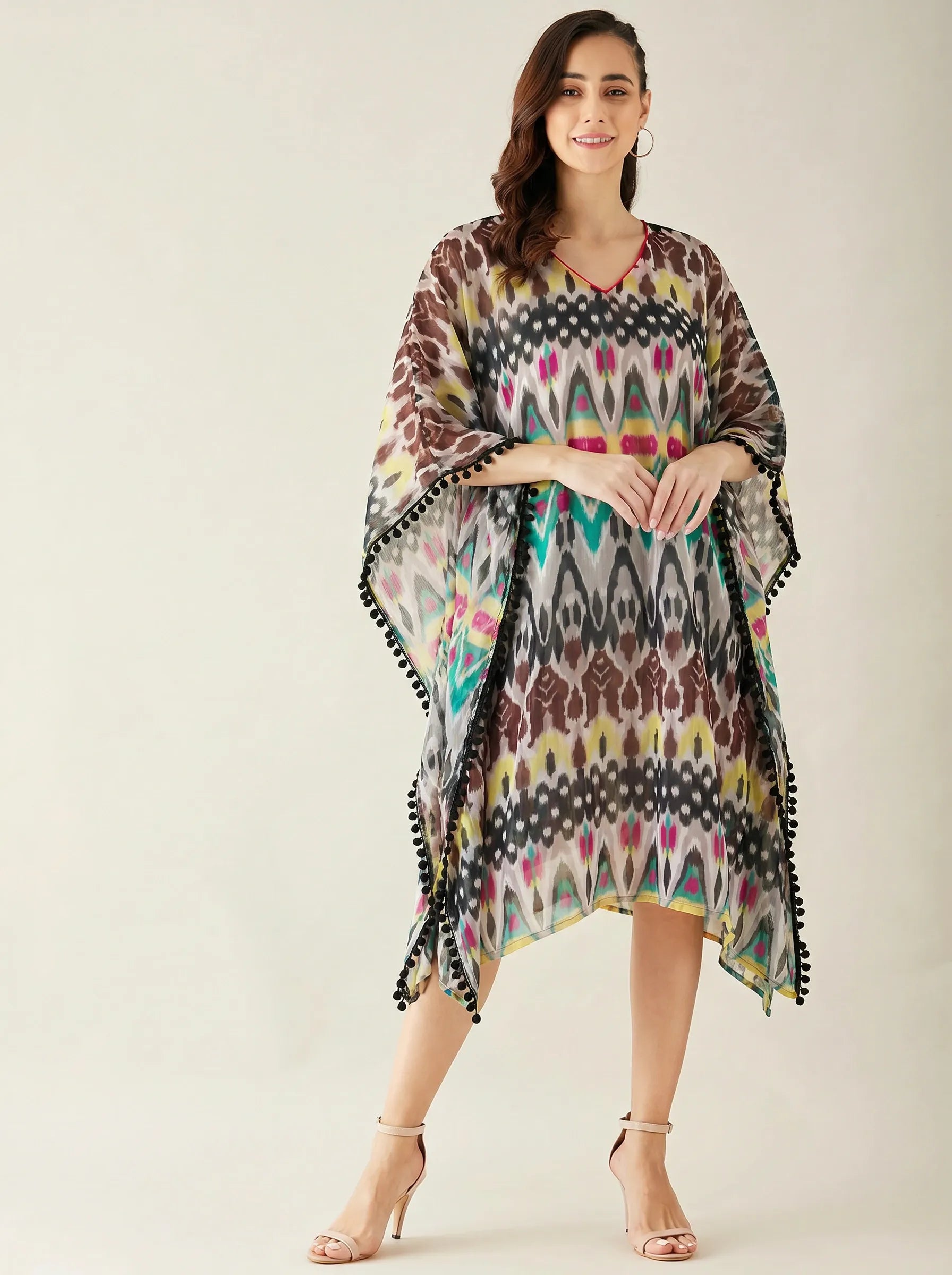 The Kaftan Company Kaftan Multicolour Ikat Print Georgette Beach Kaftan with Black Pom-Pom Trim