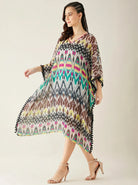 The Kaftan Company Kaftan Multicolour Ikat Print Georgette Beach Kaftan with Black Pom-Pom Trim