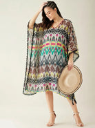 The Kaftan Company Kaftan Multicolour Ikat Print Georgette Beach Kaftan with Black Pom-Pom Trim