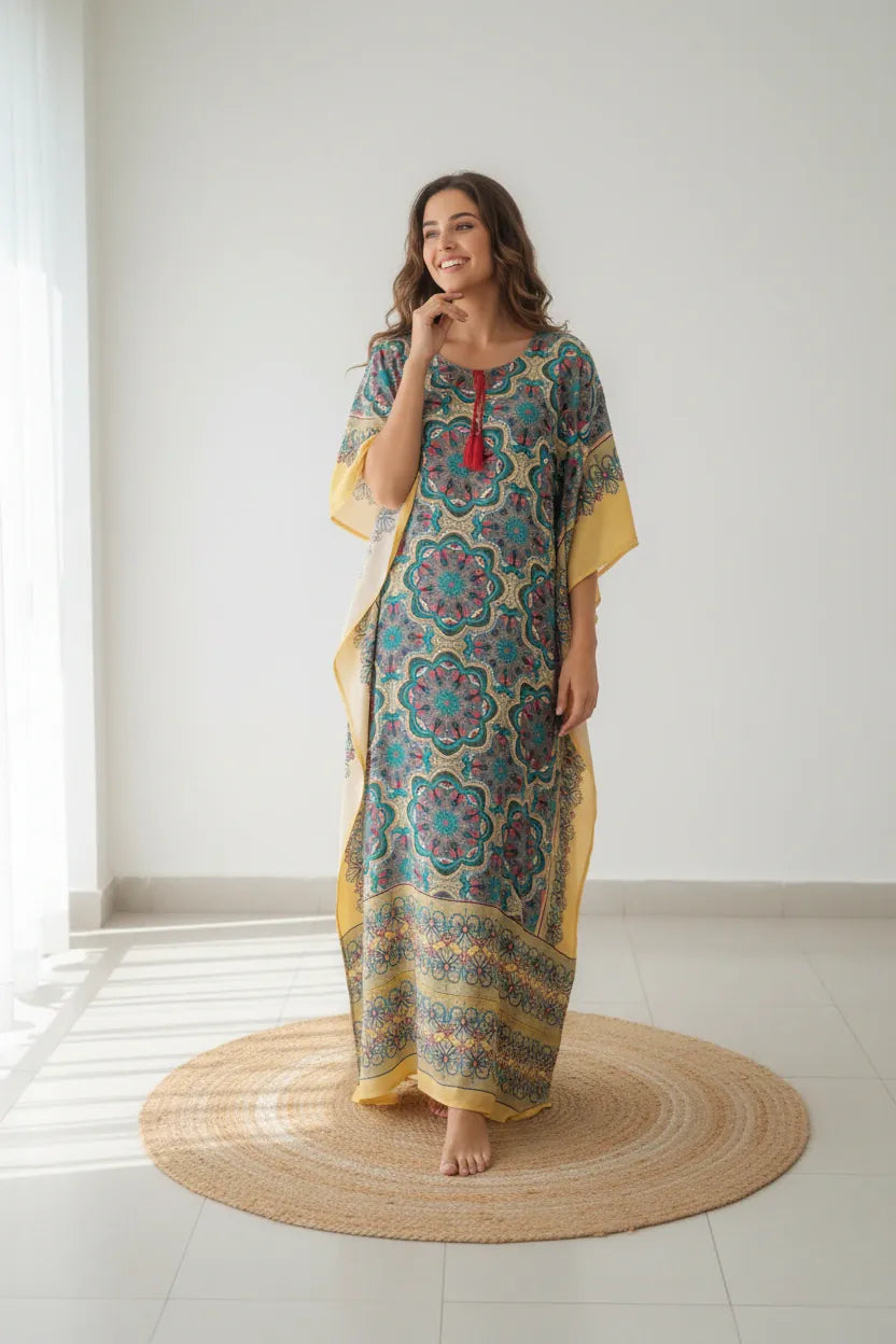 The Kaftan Company Kaftan Multicolour Mandala Printed Viscose Crepe Kaftan