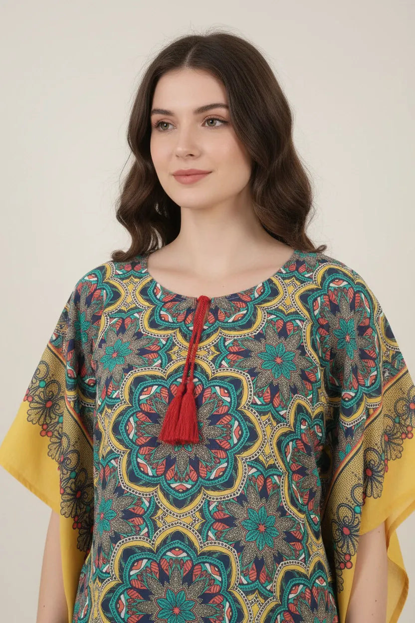 The Kaftan Company Kaftan Multicolour Mandala Printed Viscose Crepe Kaftan