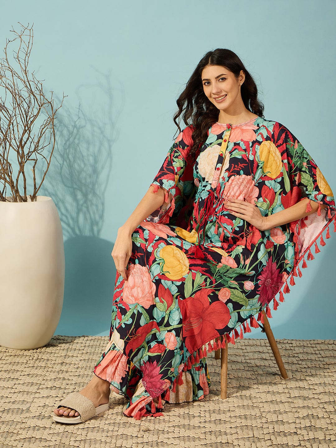 The Kaftan Company Kaftan Multicolour Super Soft Floral Maternity and Feeding Kaftan