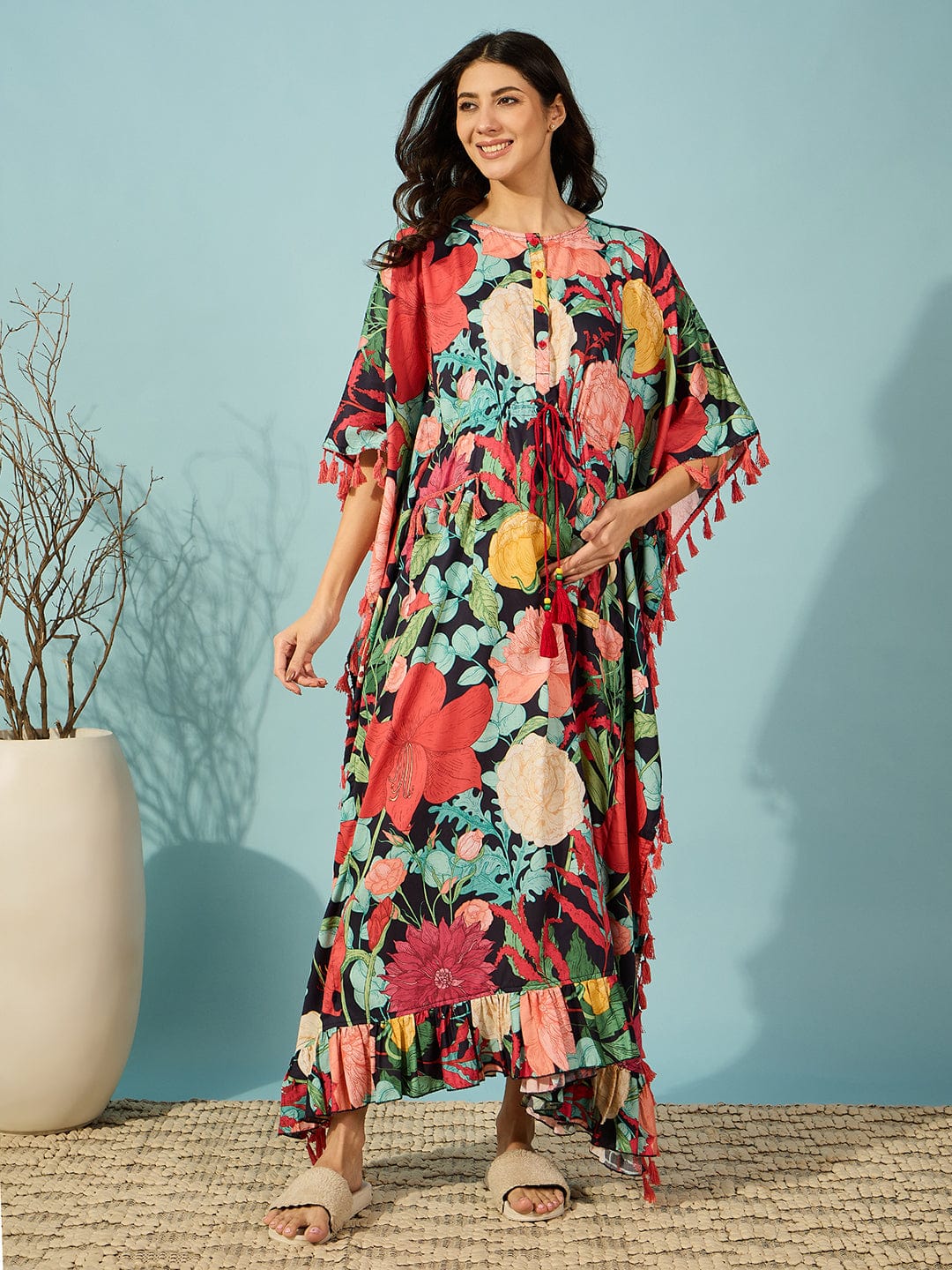 The Kaftan Company Kaftan Multicolour Super Soft Floral Maternity and Feeding Kaftan