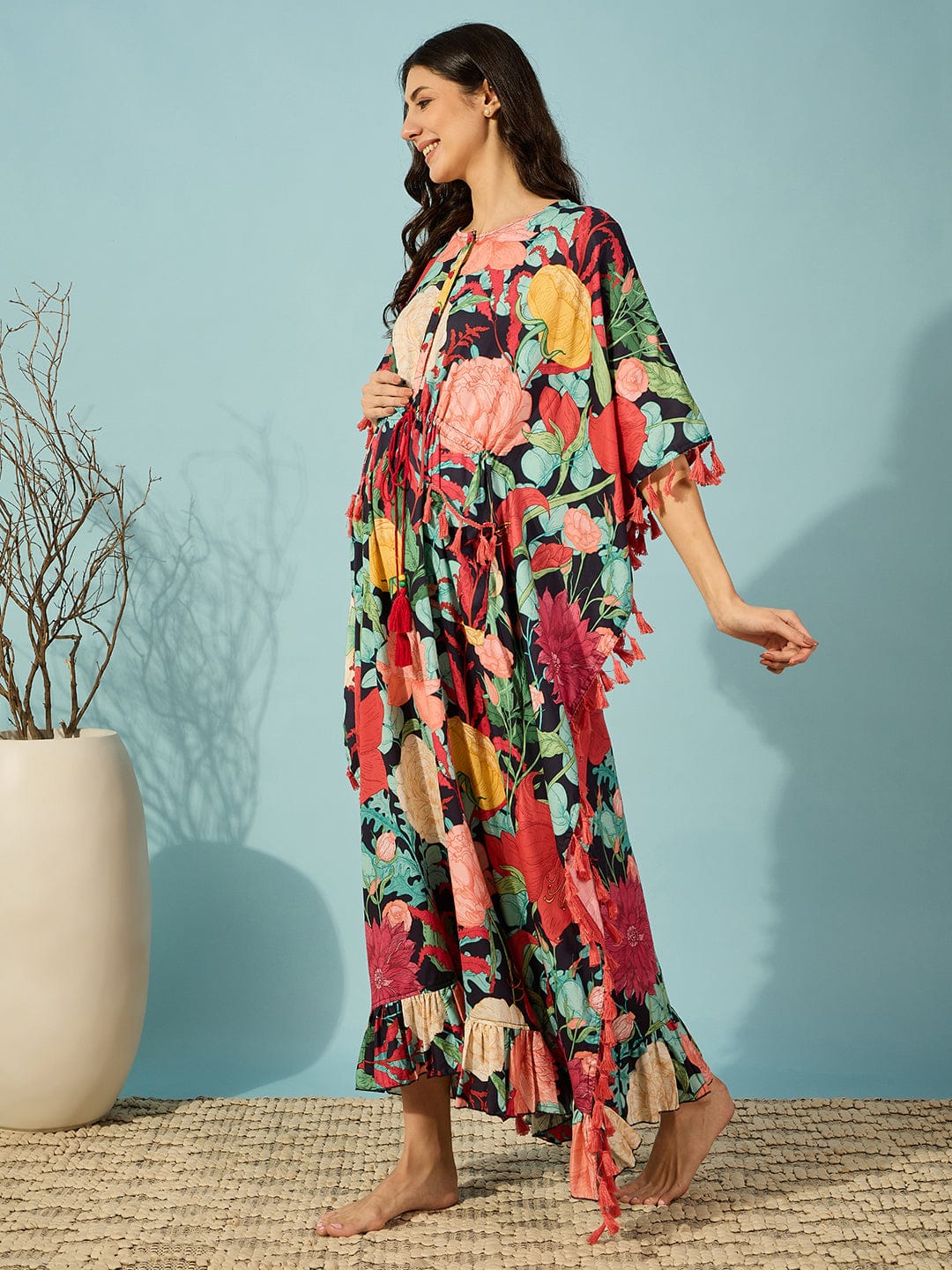 The Kaftan Company Kaftan Multicolour Super Soft Floral Maternity and Feeding Kaftan