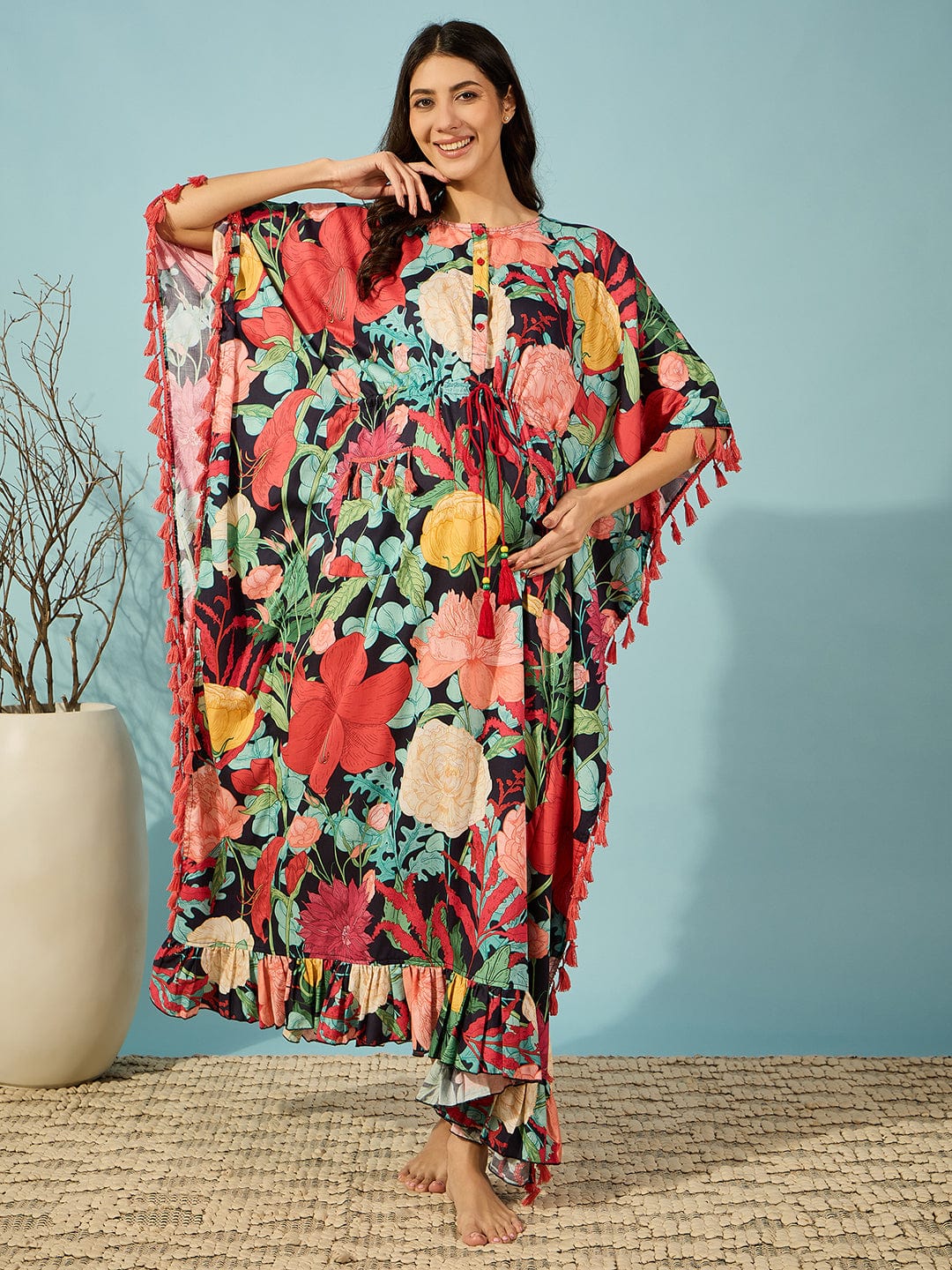 The Kaftan Company Kaftan Multicolour Super Soft Floral Maternity and Feeding Kaftan