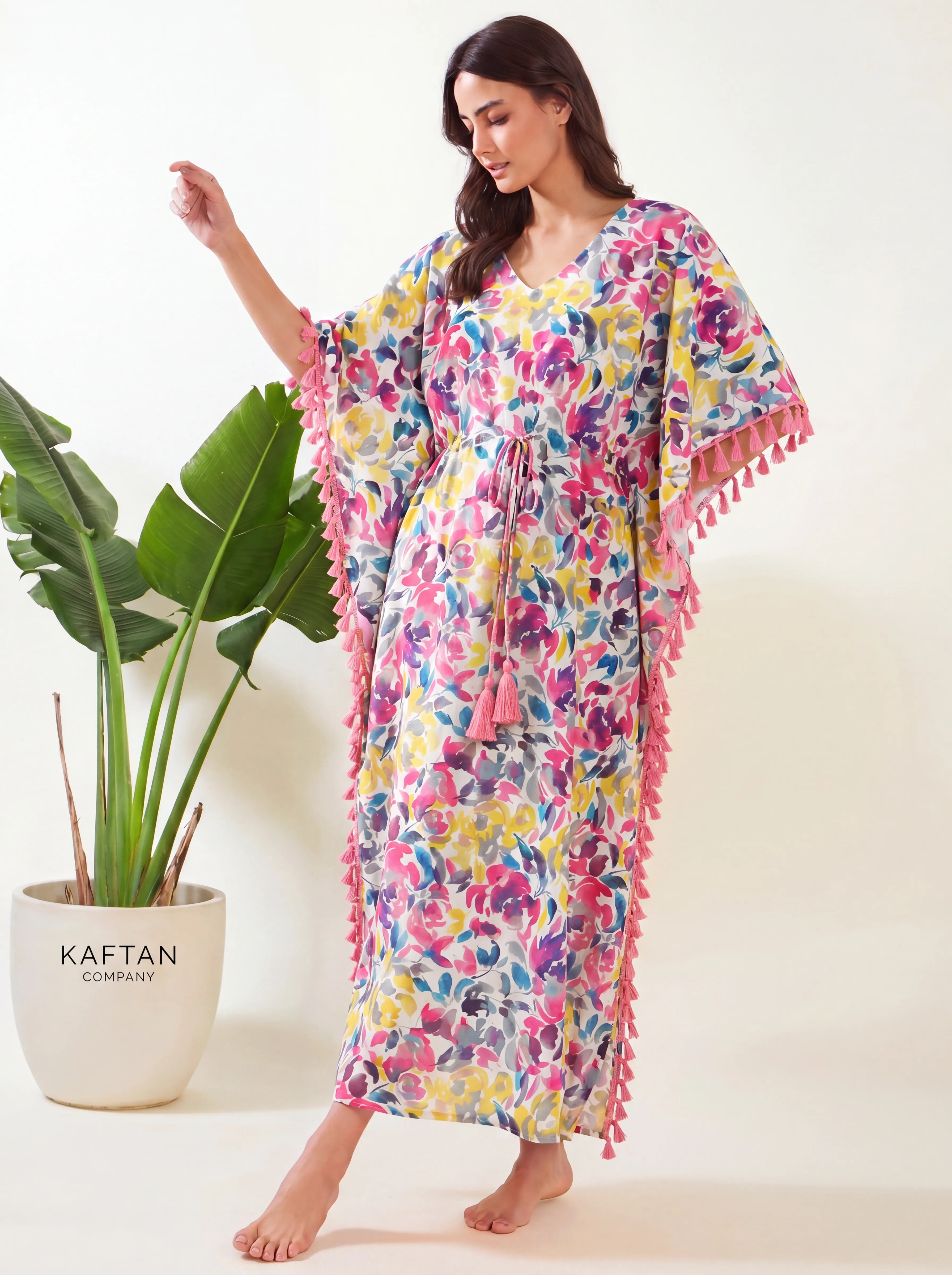 The Kaftan Company Kaftan Multicolour Watercolour Floral Cotton Kaftan with Pink Tassel Trim