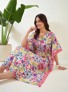 The Kaftan Company Kaftan Multicolour Watercolour Floral Cotton Kaftan with Pink Tassel Trim