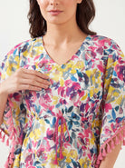The Kaftan Company Kaftan Multicolour Watercolour Floral Cotton Kaftan with Pink Tassel Trim