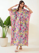 The Kaftan Company Kaftan Multicolour Watercolour Floral Cotton Kaftan with Pink Tassel Trim