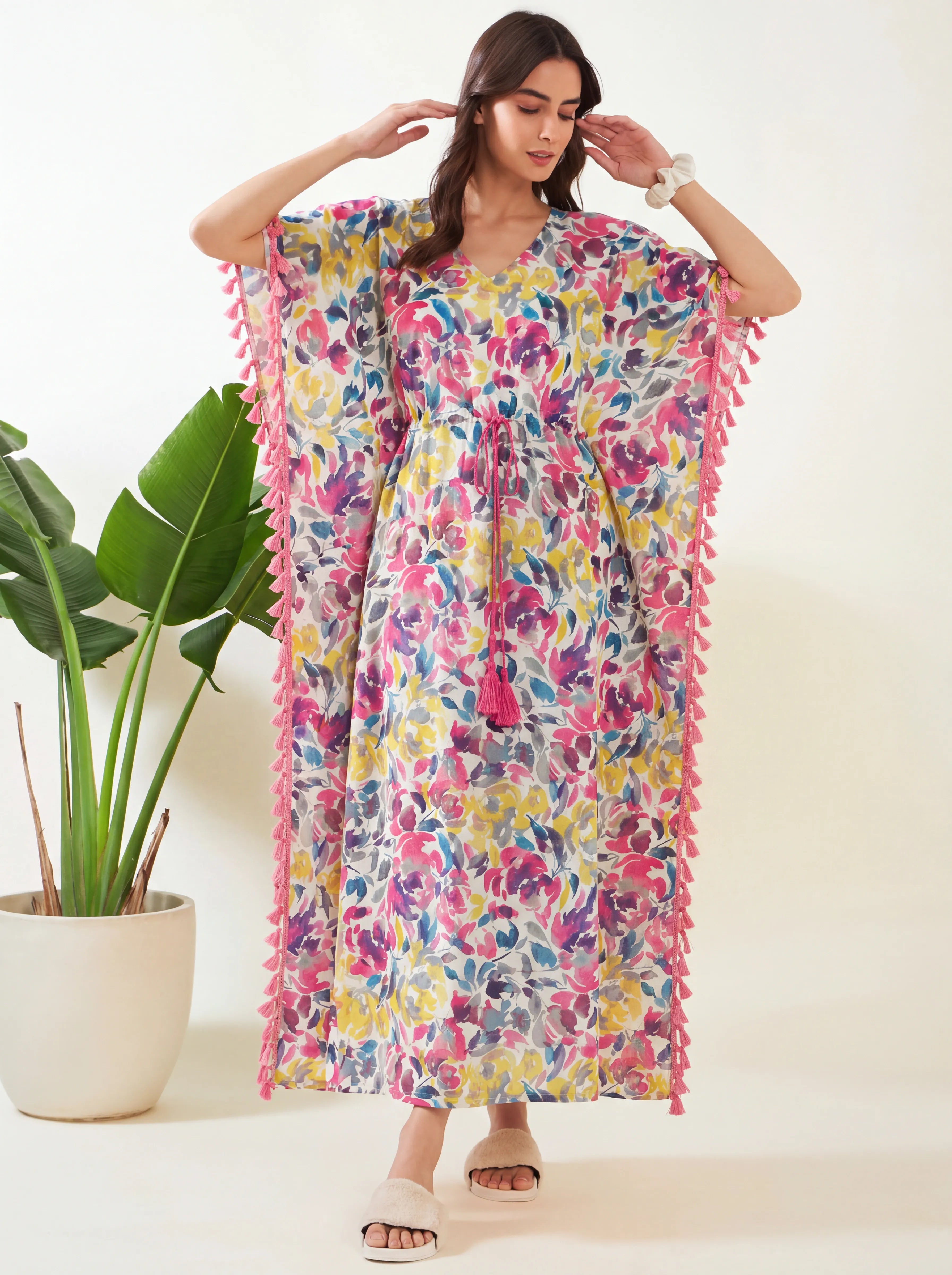 The Kaftan Company Kaftan Multicolour Watercolour Floral Cotton Kaftan with Pink Tassel Trim