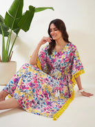 The Kaftan Company Kaftan Multicolour Watercolour Floral Cotton Kaftan with Pink Tassel Trim