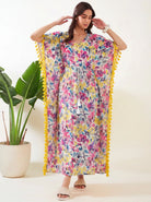 The Kaftan Company Kaftan Multicolour Watercolour Floral Cotton Kaftan with Pink Tassel Trim