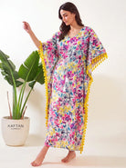 The Kaftan Company Kaftan Multicolour Watercolour Floral Cotton Kaftan with Pink Tassel Trim