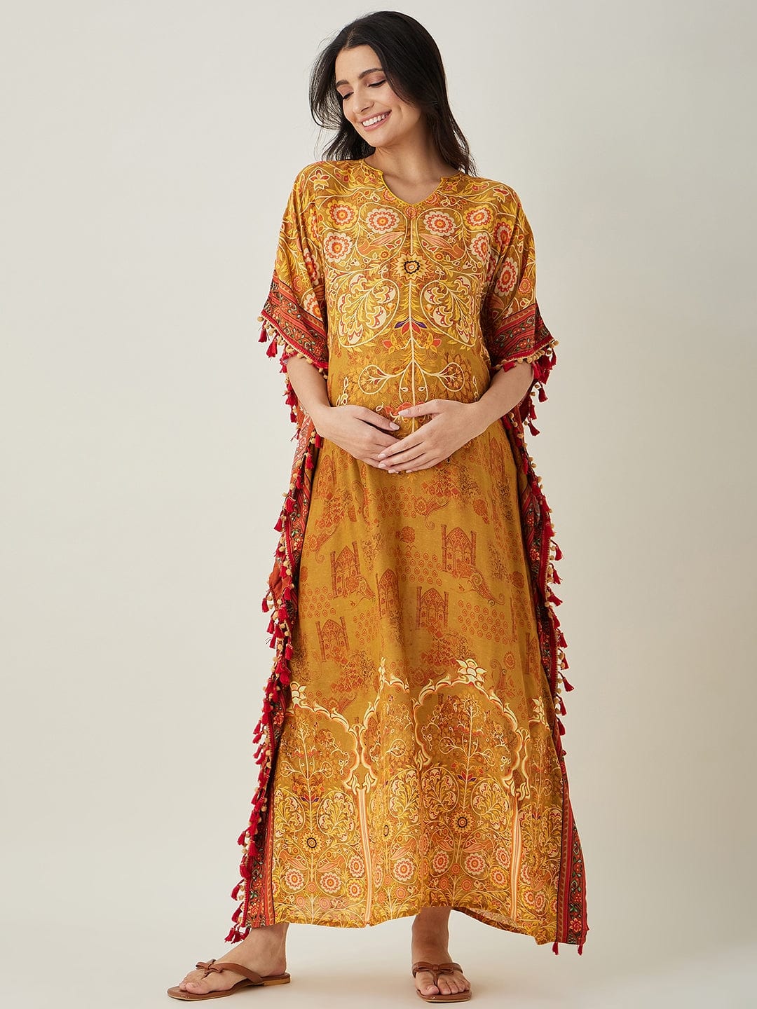 The Kaftan Company Kaftan Mustard Intricate Floral Printed  Maternity Kaftan