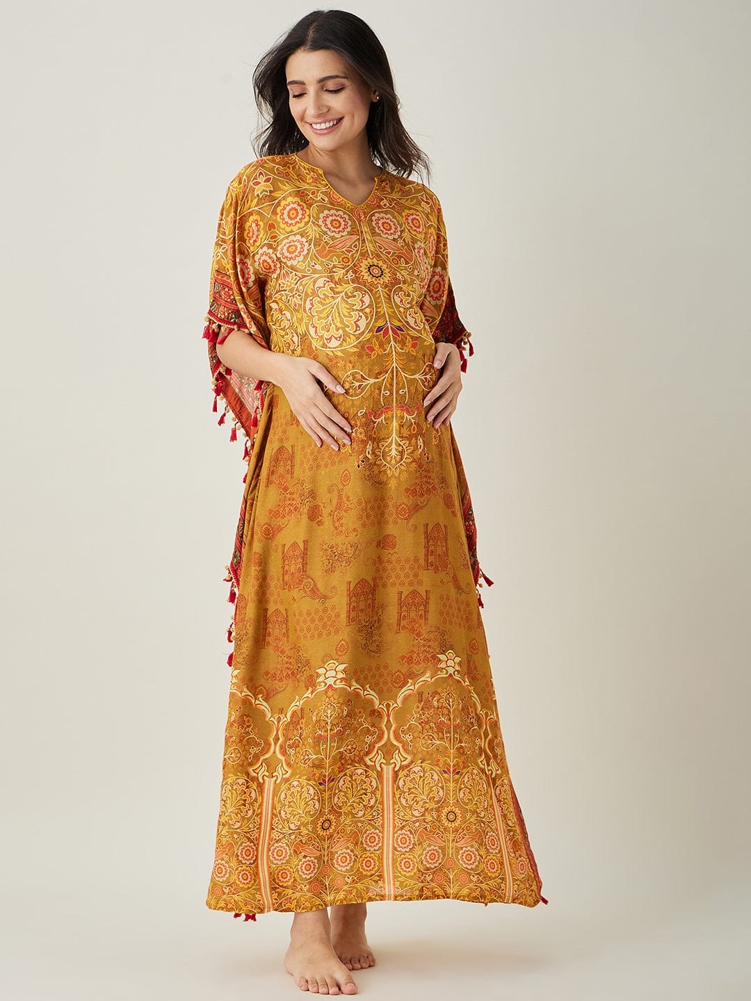 The Kaftan Company Kaftan Mustard Intricate Floral Printed  Maternity Kaftan