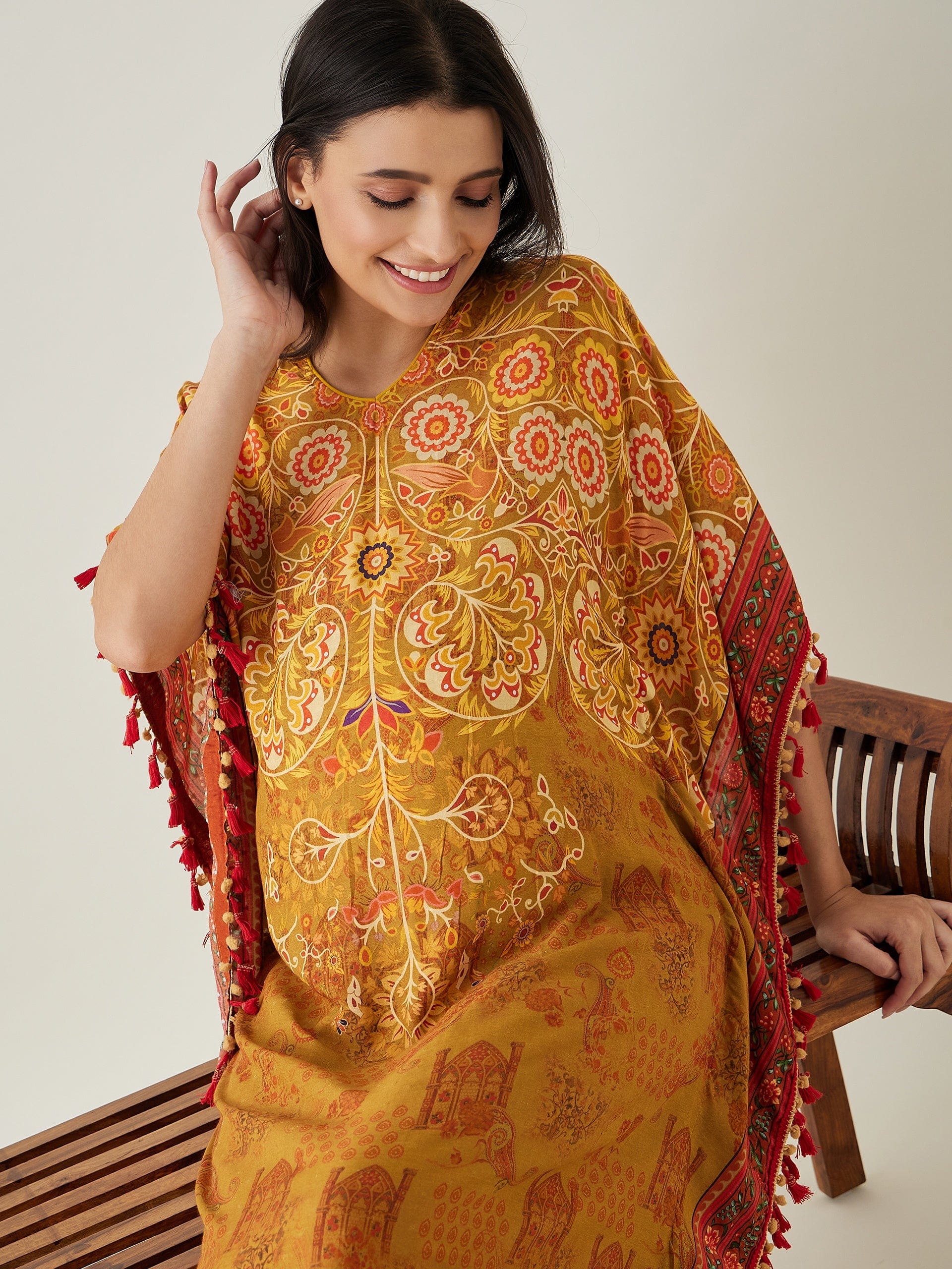The Kaftan Company Kaftan Mustard Intricate Floral Printed  Maternity Kaftan