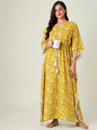 The Kaftan Company Kaftan Mustard Yellow Tropical Leaf Print Kaftan with Waist Tie and Tassel Trim