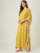The Kaftan Company Kaftan Mustard Yellow Tropical Leaf Print Kaftan with Waist Tie and Tassel Trim