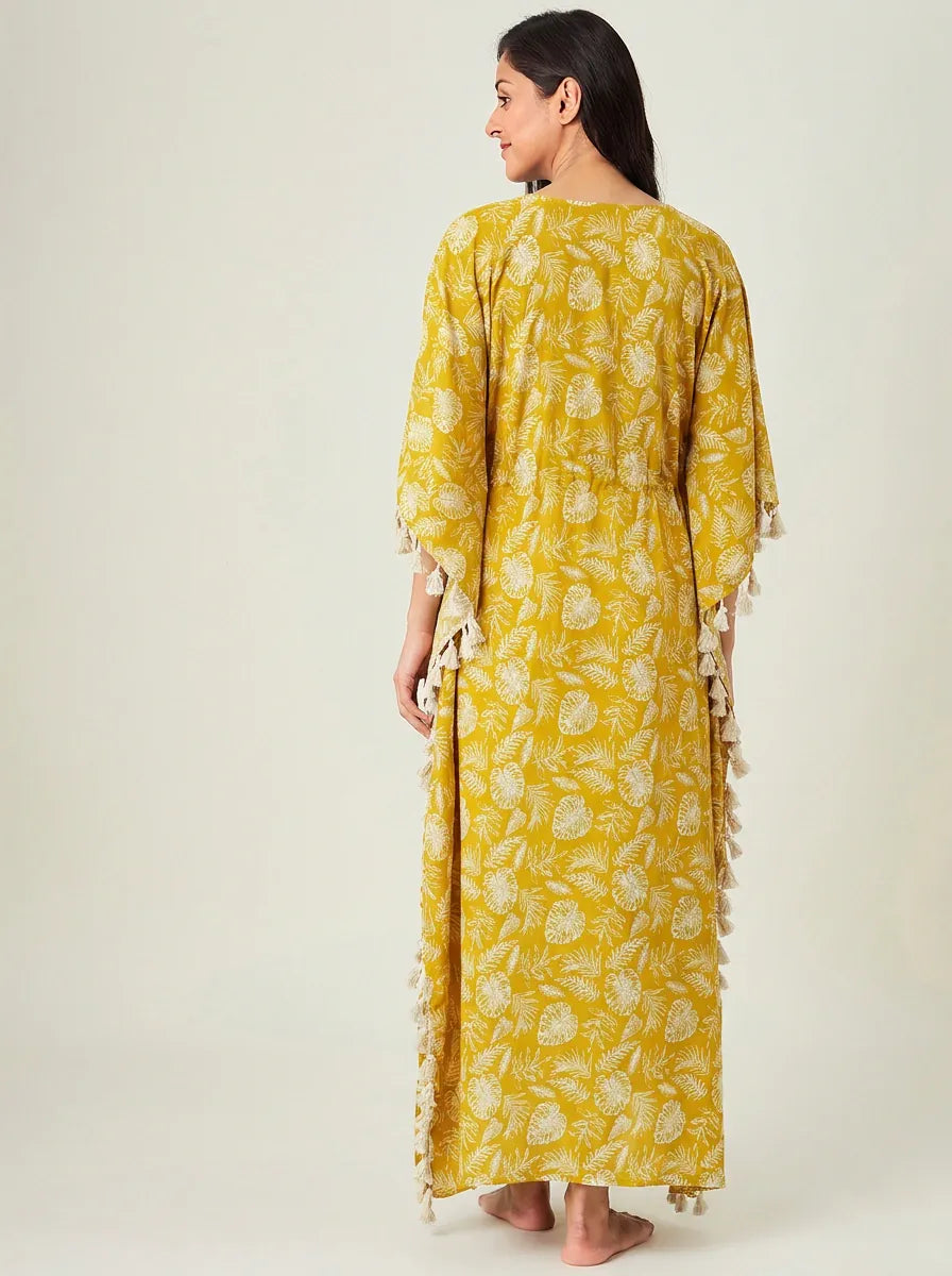 The Kaftan Company Kaftan Mustard Yellow Tropical Leaf Print Kaftan with Waist Tie and Tassel Trim