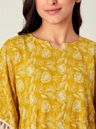 The Kaftan Company Kaftan Mustard Yellow Tropical Leaf Print Kaftan with Waist Tie and Tassel Trim