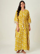 The Kaftan Company Kaftan Mustard Yellow Tropical Leaf Print Kaftan with Waist Tie and Tassel Trim