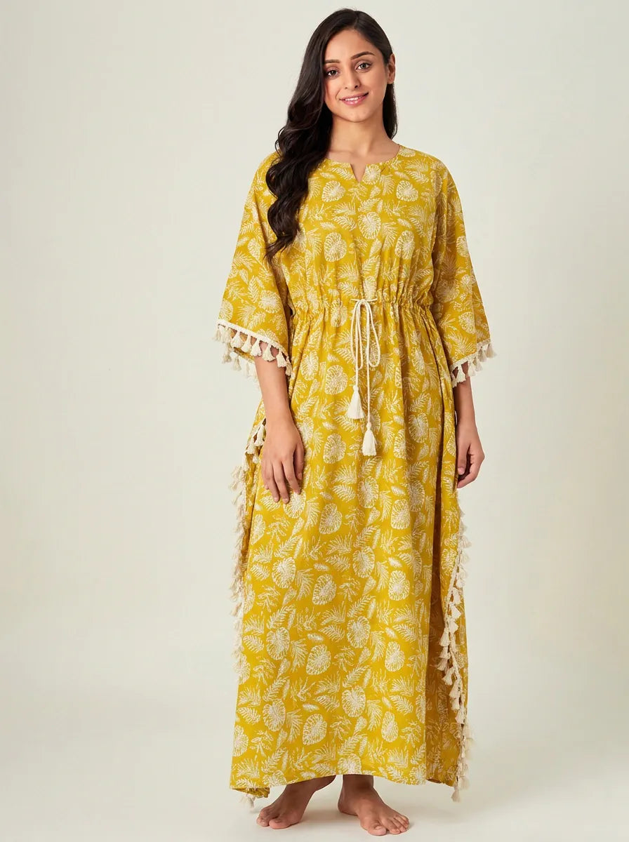 The Kaftan Company Kaftan Mustard Yellow Tropical Leaf Print Kaftan with Waist Tie and Tassel Trim