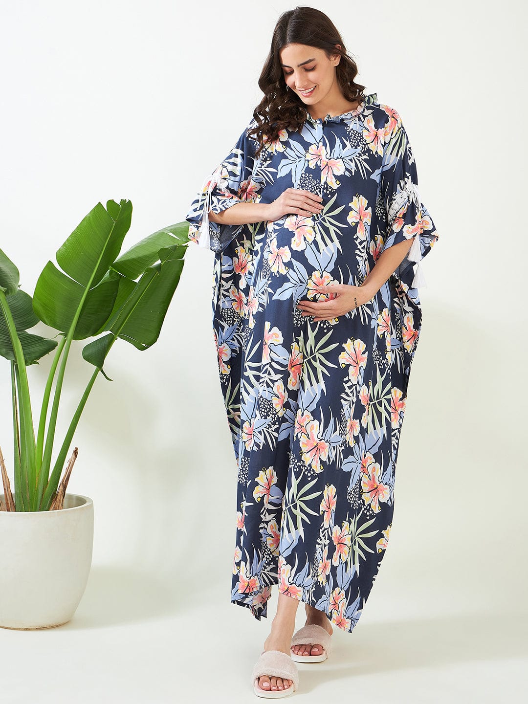 The Kaftan Company Kaftan Navy Blooms Maternity and Feeding Kaftan