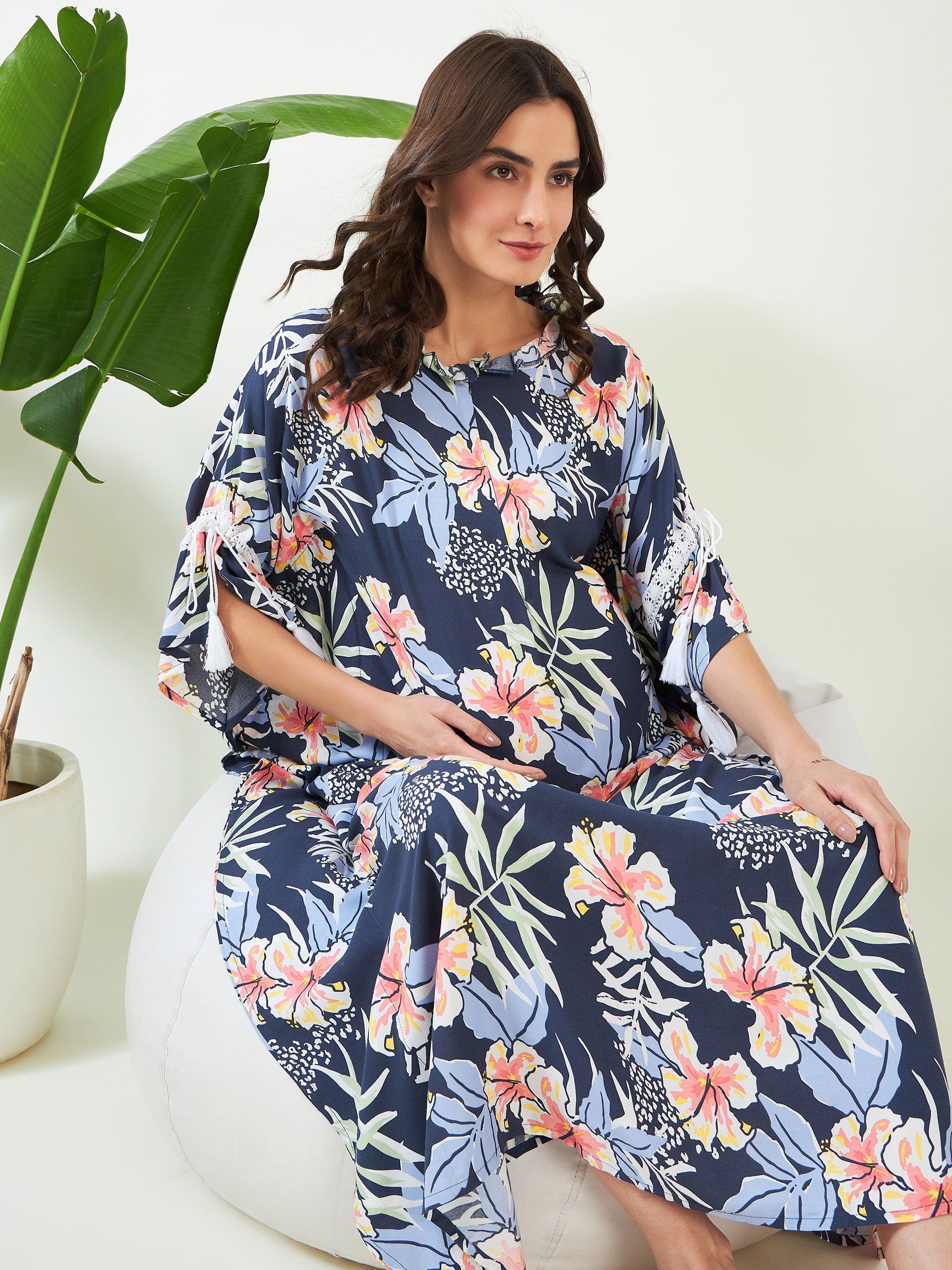 The Kaftan Company Kaftan Navy Blooms Maternity and Feeding Kaftan