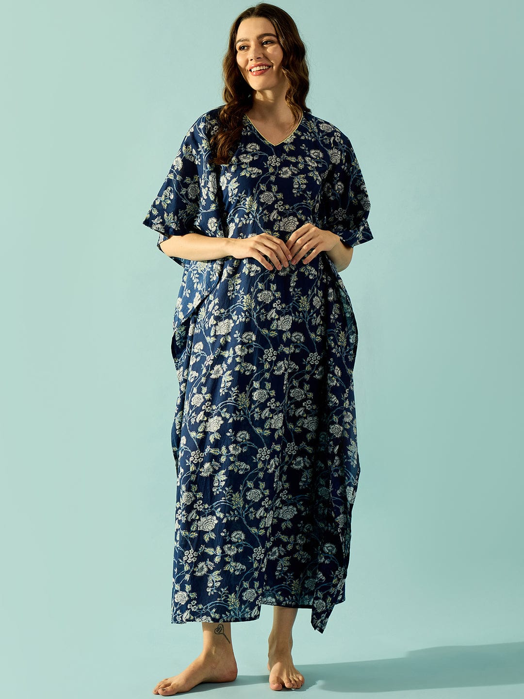 The Kaftan Company Kaftan Navy Blue Cotton Floral Slim Fit Kaftan
