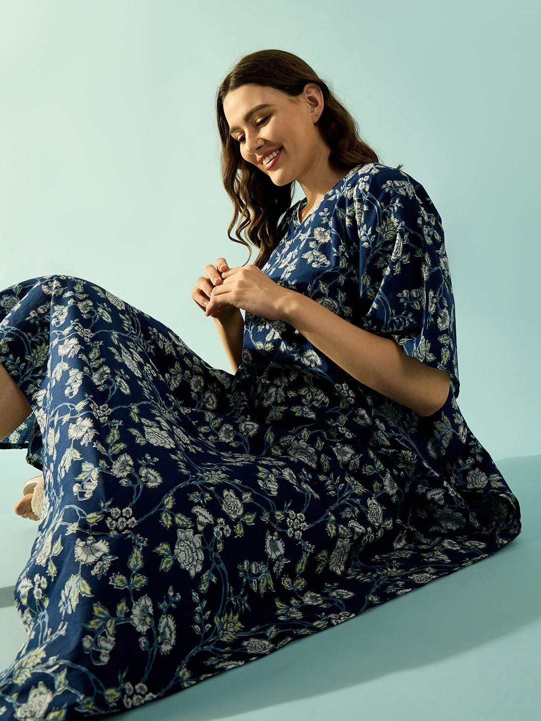 The Kaftan Company Kaftan Navy Blue Cotton Floral Slim Fit Kaftan
