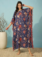 The Kaftan Company Kaftan Navy Blue Floral Modal Kaftan with Tassel Trim and Pockets