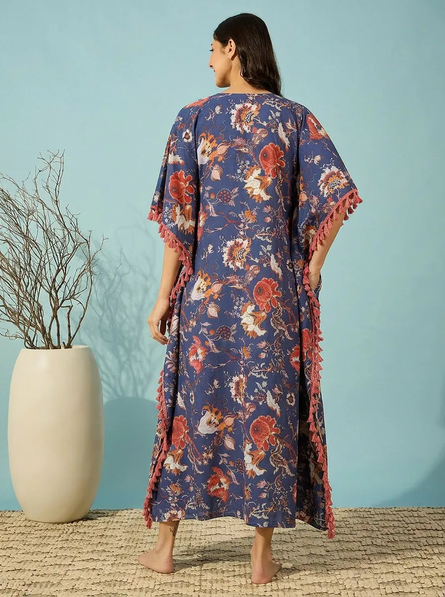 The Kaftan Company Kaftan Navy Blue Floral Modal Kaftan with Tassel Trim and Pockets