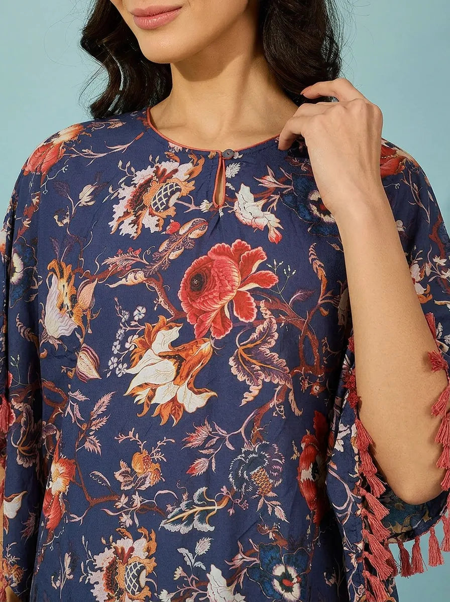 The Kaftan Company Kaftan Navy Blue Floral Modal Kaftan with Tassel Trim and Pockets