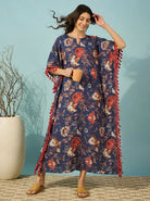 The Kaftan Company Kaftan Navy Blue Floral Modal Kaftan with Tassel Trim and Pockets