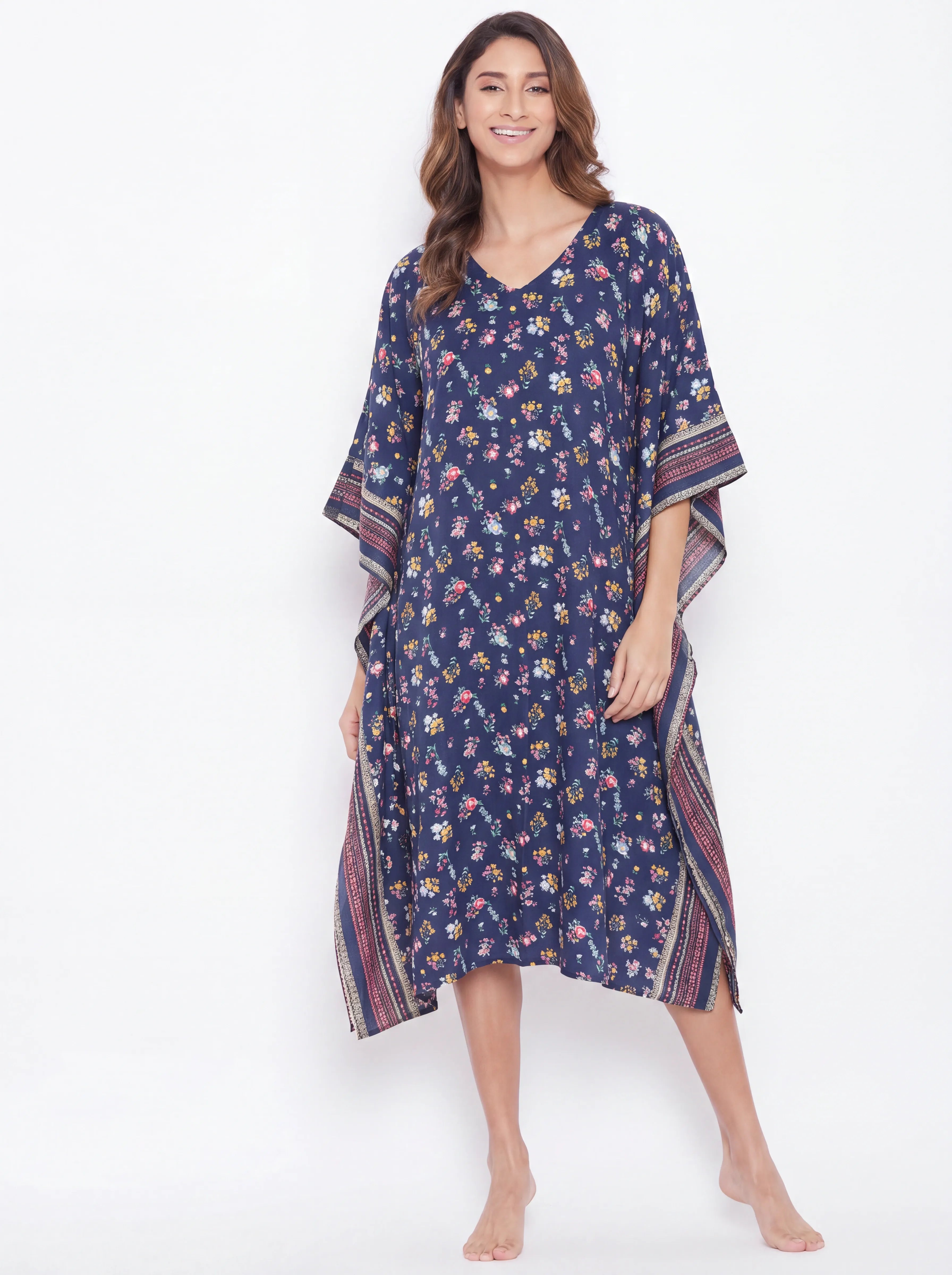 The Kaftan Company Kaftan Navy Ditsy Floral Print Midi Kaftan with Border Trim