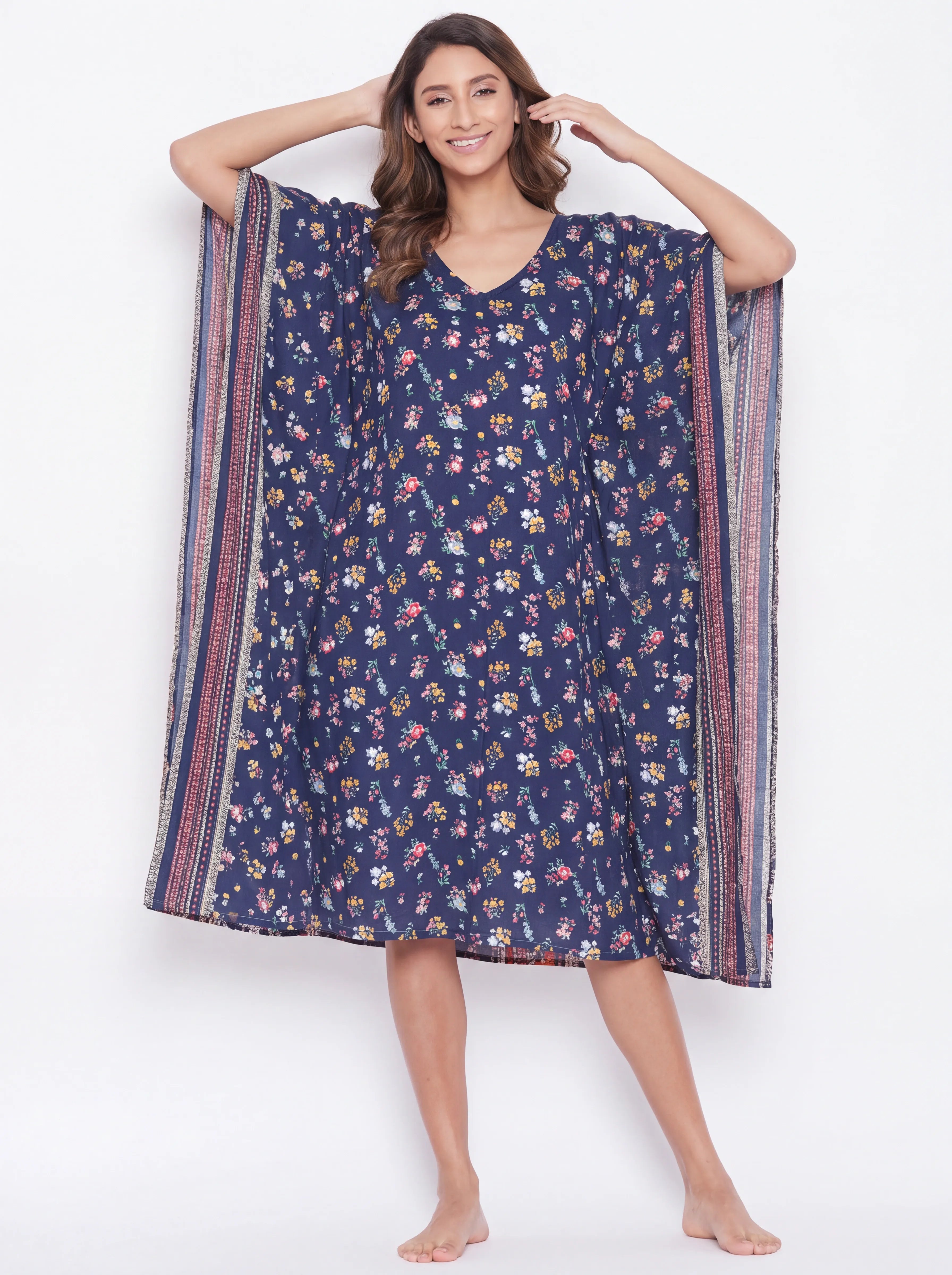 The Kaftan Company Kaftan Navy Ditsy Floral Print Midi Kaftan with Border Trim