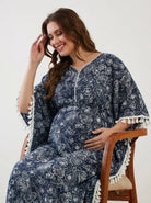 The Kaftan Company Kaftan Navy Floral Print Maternity Kaftan with Tassel Trim