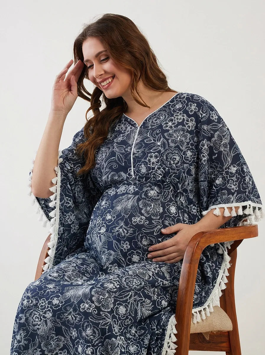 The Kaftan Company Kaftan Navy Floral Print Maternity Kaftan with Tassel Trim