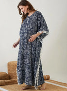 The Kaftan Company Kaftan Navy Floral Print Maternity Kaftan with Tassel Trim