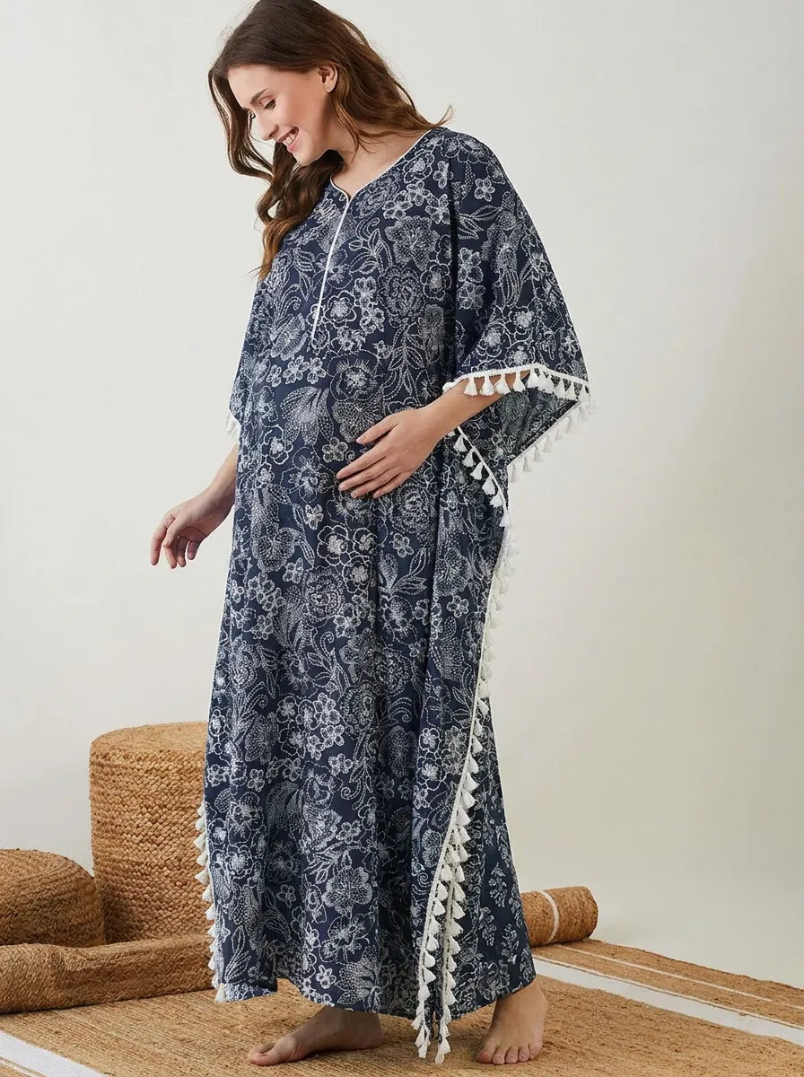 The Kaftan Company Kaftan Navy Floral Print Maternity Kaftan with Tassel Trim