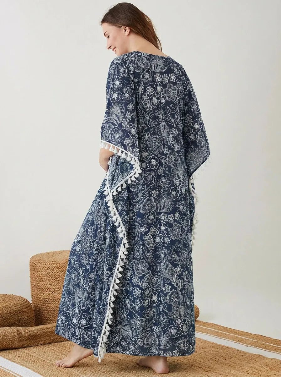 The Kaftan Company Kaftan Navy Floral Print Maternity Kaftan with Tassel Trim