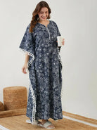 The Kaftan Company Kaftan Navy Floral Print Maternity Kaftan with Tassel Trim