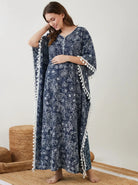 The Kaftan Company Kaftan Navy Floral Print Maternity Kaftan with Tassel Trim