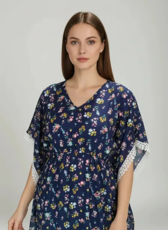 The Kaftan Company Kaftan Navy Floral Printed Viscose Kaftan with Lace Trim