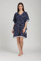 The Kaftan Company Kaftan Navy Floral Printed Viscose Kaftan with Lace Trim