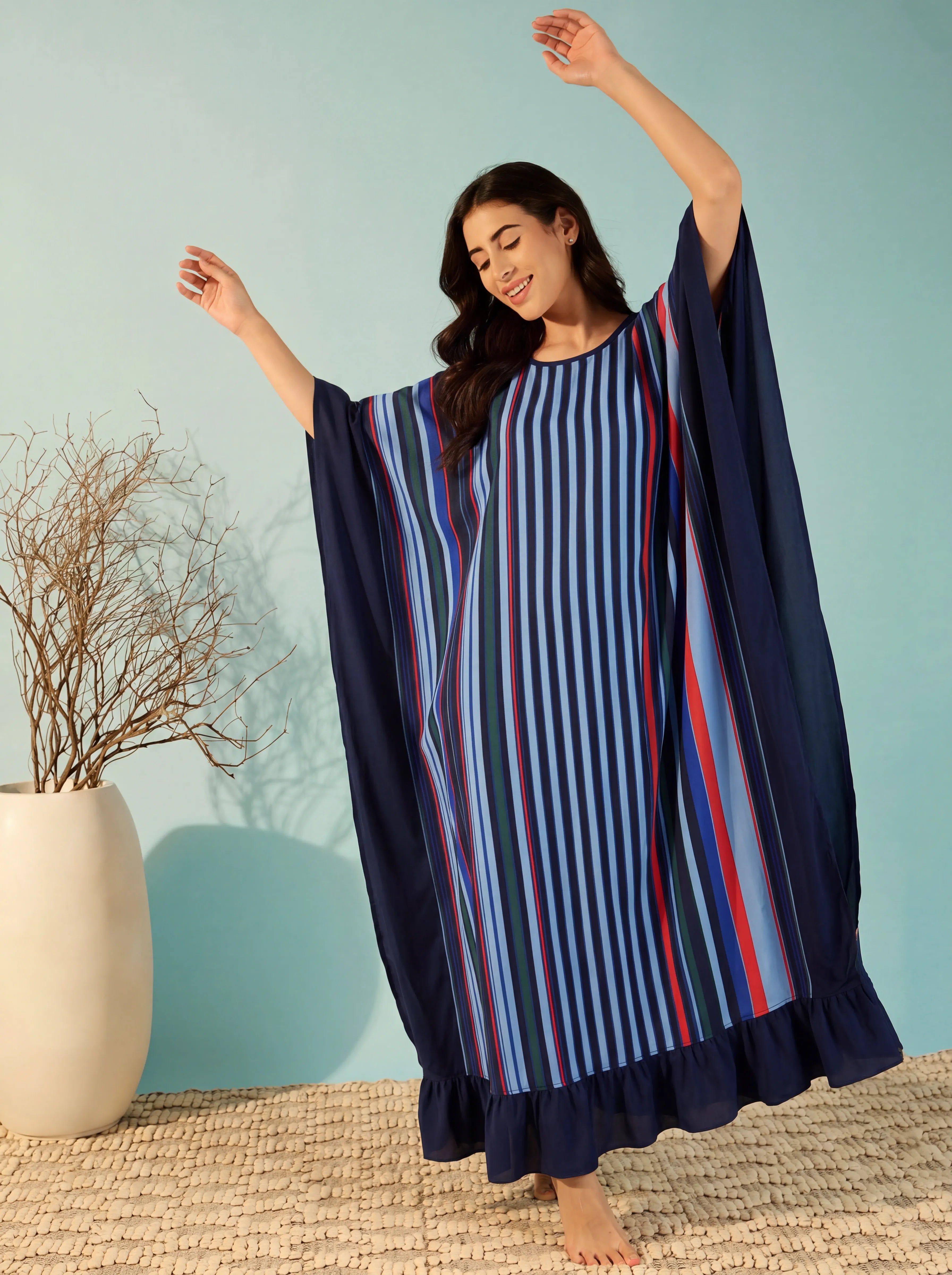 The Kaftan Company Kaftan Navy Multi-Stripe Polyester Crepe Kaftan with Ruffle Hem