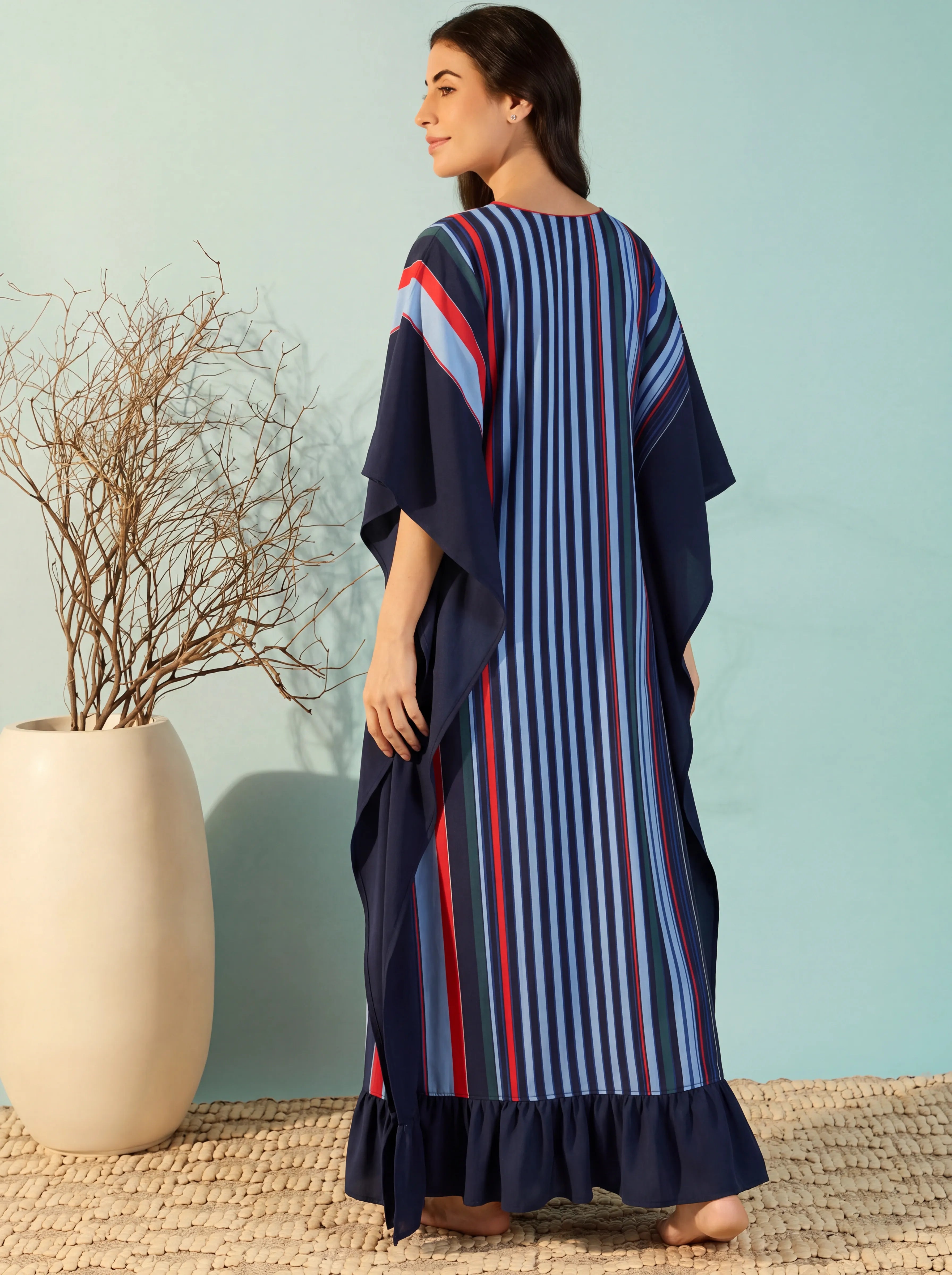 The Kaftan Company Kaftan Navy Multi-Stripe Polyester Crepe Kaftan with Ruffle Hem