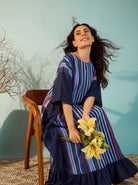 The Kaftan Company Kaftan Navy Multi-Stripe Polyester Crepe Kaftan with Ruffle Hem