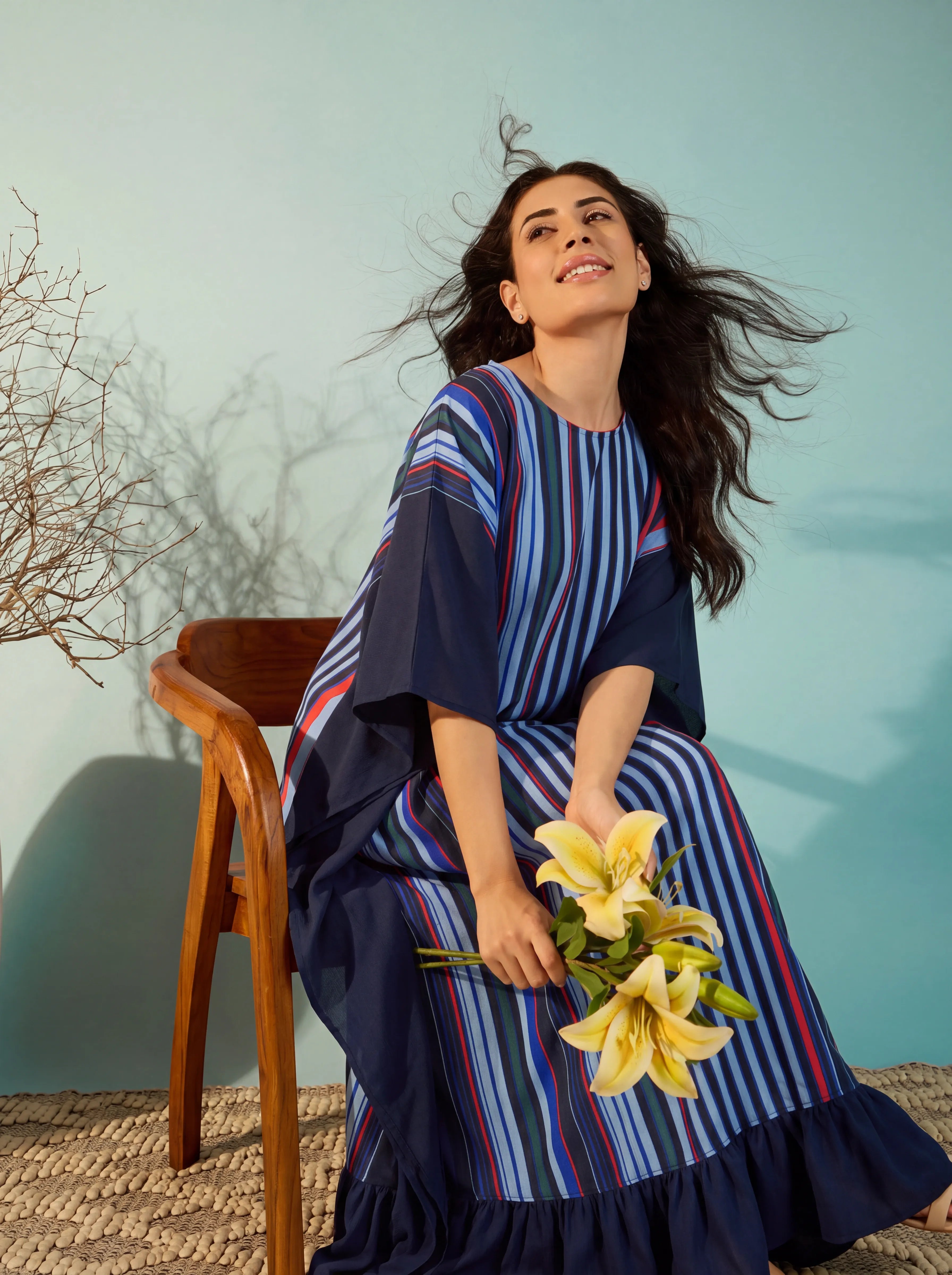 The Kaftan Company Kaftan Navy Multi-Stripe Polyester Crepe Kaftan with Ruffle Hem